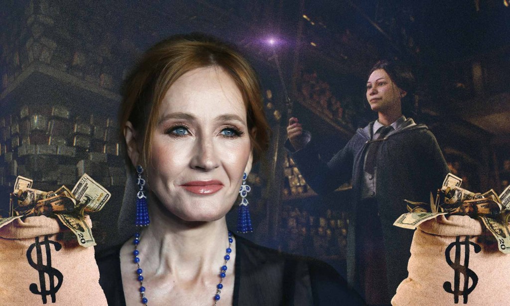 Harry Potter author JK Rowling superimposed next to bags of money and footage from the Hogwarts Legacy video game