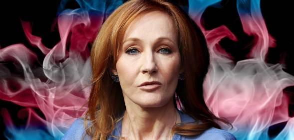 Harry Potter author JK Rowling in front of trans Pride flag colours