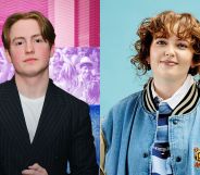 Two side by side images of Heartstopper actor Kit Connor in a black suit and white t-shirt standing against a bisexual flag background and author Alice Oseman wearing a blue jacket standing against a light blue background.