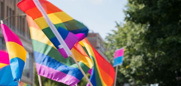 Protestors hold up LGBTQ+ flags during a protest.