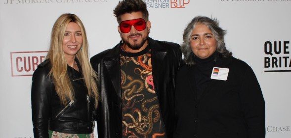 Adam Lambert (centre) with Lisa Winning (left) and Diana Rodriguez (right) of the Stonewall National Monument Visitor Center at an LGBTQ history panel hosted by JPMorgan Chase & Co.