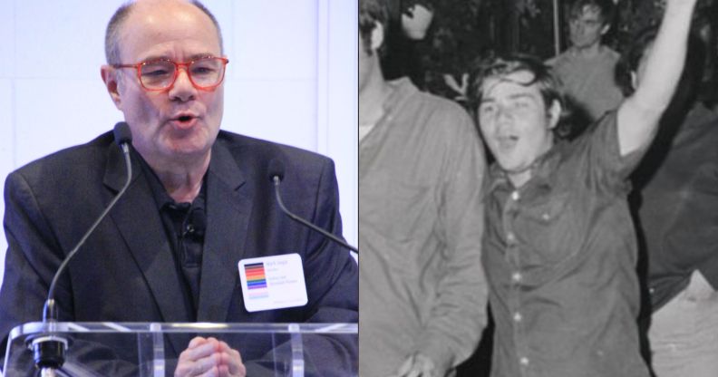 Mark Segal speaking at a JP Morgan panel on LGBTQ history (left) and pictured in his youth (right)