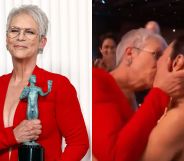 Jamie Lee Curtis and Michelle Yeoh share a kiss as Jamie Lee Curtis is announced as the winner of the supporting actress SAG Award.