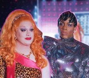 A graphic showing cut-out images of drag queen Jinkx Monsoon on the left wearing a orange wig and leopard print dress over a pink top with the right side of the picture showing an image of drag queen Monét X Change wearing a shiny silver outfit