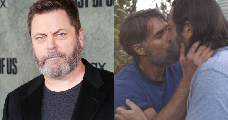 Nick Offerman (left) behind a The Last of Us background and kissing Murray Bartlett's Frank as Bill in episode three (right)