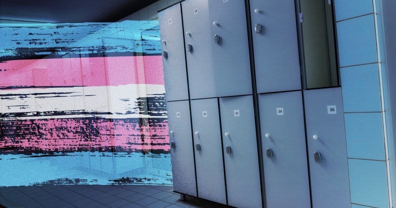 A trans Pride flag alongside a row of lockers in a changing room