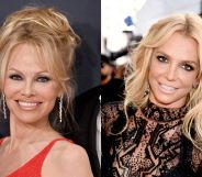 Side by side image of Pamela Anderson wearing a red sleeveless top and Britney Spears dressed in a black mesh dress at the 2016 Billboard Music Awards.