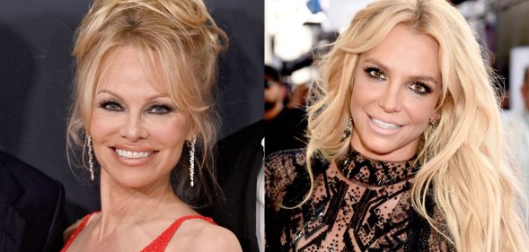 Side by side image of Pamela Anderson wearing a red sleeveless top and Britney Spears dressed in a black mesh dress at the 2016 Billboard Music Awards.