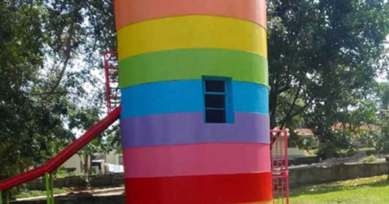 Rainbow painted park tower in Entebbe