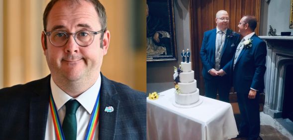 Paul O'Kane pictured on the left in the Scottish Parliament. On the right, he is pictured on his wedding day with his husband.