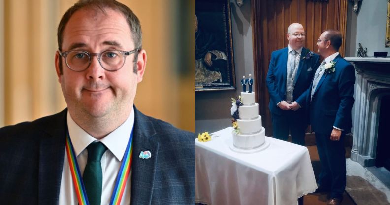 Paul O'Kane pictured on the left in the Scottish Parliament. On the right, he is pictured on his wedding day with his husband.