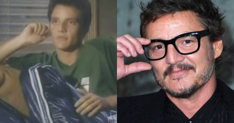 Pedro Pascal as gay character Greg in 1999 MTV series Undressed (left) and wearing black glasses and a black shirt (right)