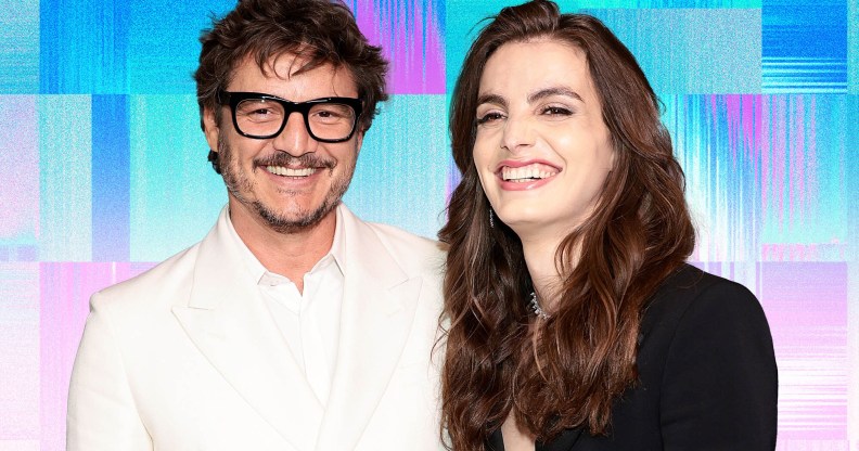 A graphic showing cut-out images of actor Pedro Pascal wearing a white shirt and glasses standing next to his trans sister Lux Pascal who is dressed in a black top. Both are smiling and are set against a background made up of trans flag colours blue and pink