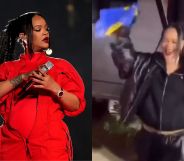 Side by side image of Rihanna on stage at the Super Bowl performing and a screenshot of her celebrating her performance after by waving a Barbados flag in the air.