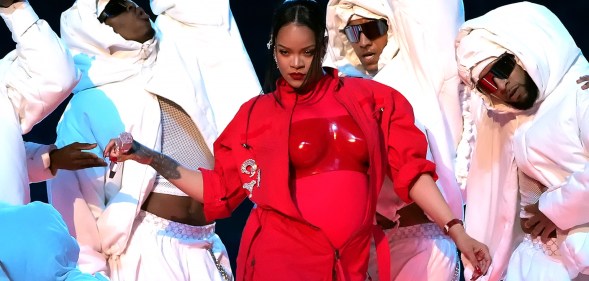 Rihanna spaces pregnancy speculation during Super Bowl performance. (Getty)