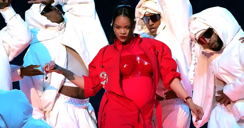 Rihanna spaces pregnancy speculation during Super Bowl performance. (Getty)