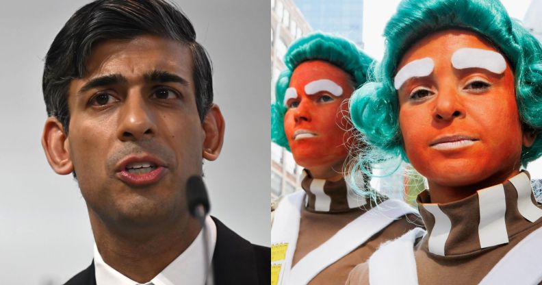 On the left, Rishi Sunak in a white shirt speaks into a microphone. On the left, two people dressed up as Oompa Loompas.