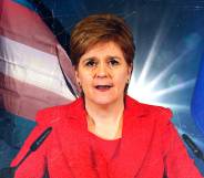 Nicola Sturgeon pictured in the centre delivering her resignation speech at a press conference in Edinburgh. She is wearing a red suit. In the background an edited graphic shows a trans flag and a Scottish flag.