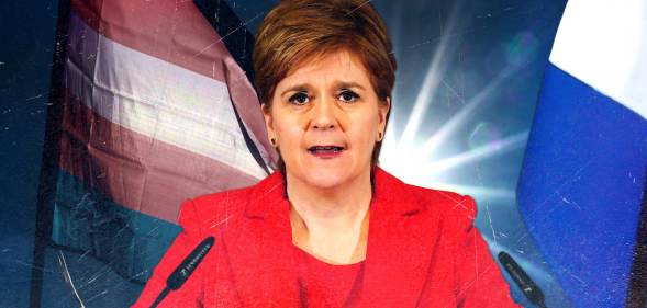 Nicola Sturgeon pictured in the centre delivering her resignation speech at a press conference in Edinburgh. She is wearing a red suit. In the background an edited graphic shows a trans flag and a Scottish flag.