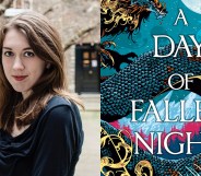 Samantha Shannon (L) and A Day of Fallen Night (R). (Louise Haywood-Schiefer_Bloomsbury)