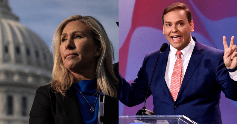 Composite image of Republicans Marjorie Taylor Greene and George Santos