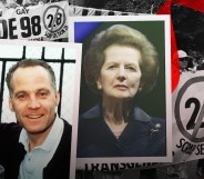 Collage of photos showing Michael Cashman, Margaret Thatcher and a banner calling for the end of Section 28