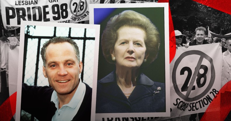 Collage of photos showing Michael Cashman, Margaret Thatcher and a banner calling for the end of Section 28