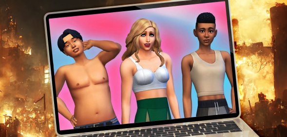 A graphic shows The Sims 4 characters with trans inclusive features, on a computer screen. In the background, the world is on fire.