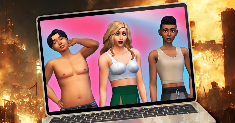 A graphic shows The Sims 4 characters with trans inclusive features, on a computer screen. In the background, the world is on fire.