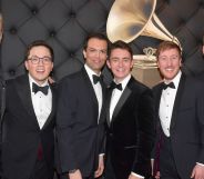 The Kings Singers wearing full black suits complete with black ties at red carpet appearance at the 2019 Grammy Awards.