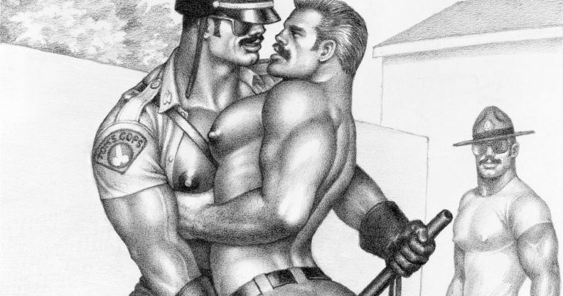 One of Tom of Finland's drawings. It shows a police officer grabbing a muscular shirtless man seductivley while another man watches on.