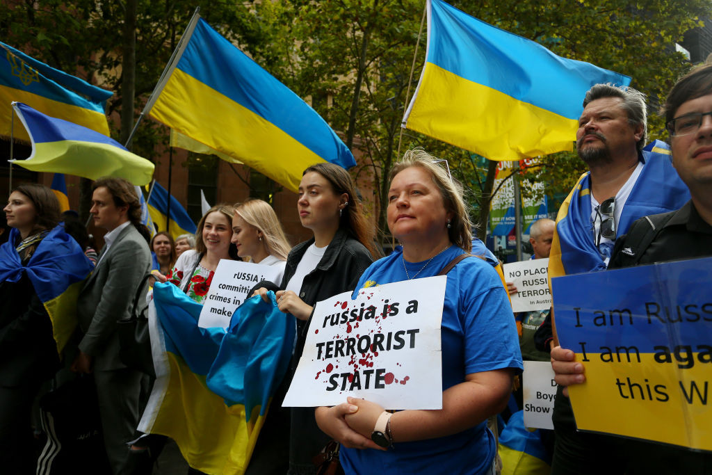 Ukrainians in Sydney and their supporters gather at Martin Place during the '365 Days Strong' rally and candlelight vigil on February 23, 2023 in Sydney.