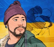 An illustration of a young man in front of the Ukraine flag