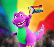 The new Mattel animated Barney dinosaur, holding a progress pride flag, stood against a rainbow background.