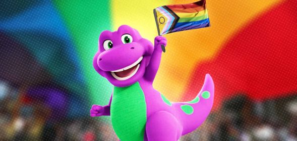 The new Mattel animated Barney dinosaur, holding a progress pride flag, stood against a rainbow background.