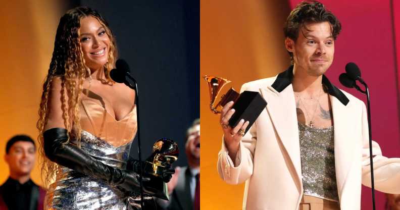 A split-screen image showing on the left Beyoncé wearing a gold and black outfit at the Grammys as she stands behind a microphone holding her award with the right-hand image showing Harry Styles wearing a silver vest top and white tuxedo jacket as he holds his award during his Grammys speech