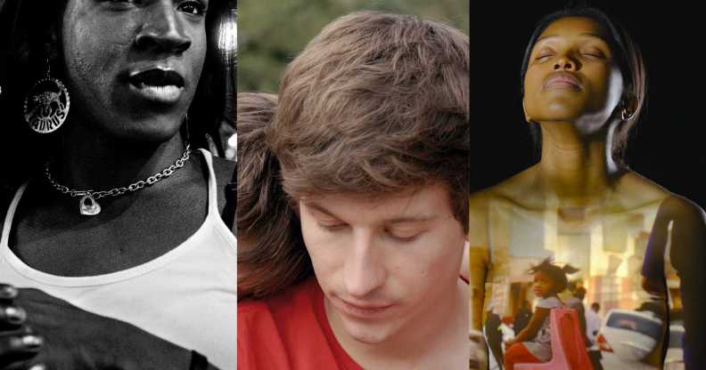 Three side-by-side images show stills from the upcoming BFI Flare film festival. On the left is a black and white image from 'The Stroll' showing Black trans character wearing a white vest top, in the middle image there is a still from "Drifter" showing a two men standing clost to each other - the man in front wearing a red t-shirt and on the right is a still from 'Who I Am Not' showing one of its South African characters looking up with her eyes closed