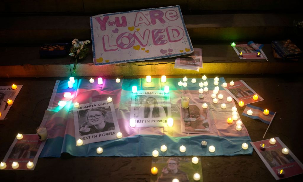 People attend a candlelit vigil in memory of 16-year-old Brianna Ghey on February 14, 2023 in Liverpool, England