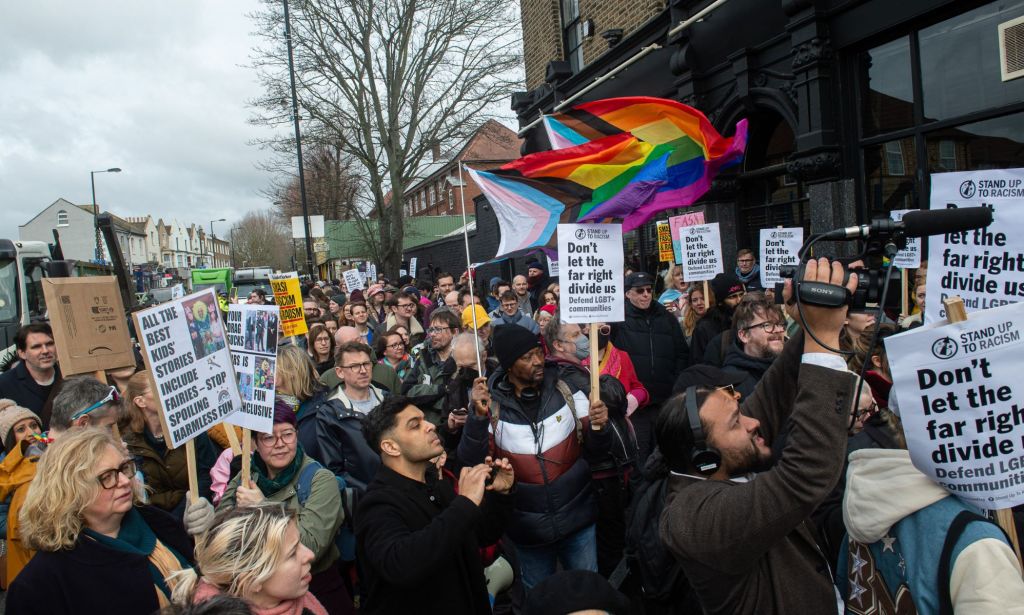 Hundreds of anti-fascists, LGBTQ+ people and locals attend a counter-protest to defend Drag Queen Story Hour from right-wing activists