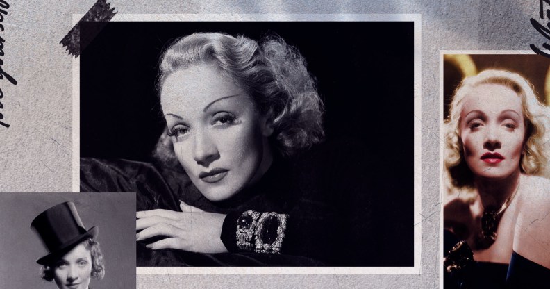 Black and white photos of Marlene, a white woman with thin eyebrows, wavy blonde hair and dark lips, taped to a scrap of paper