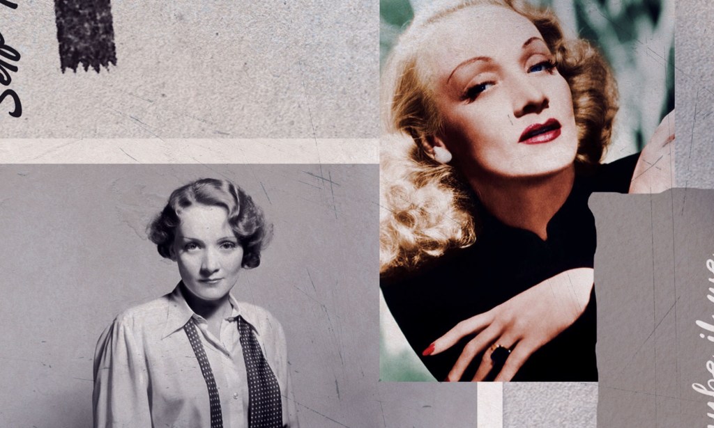 Collage. One photo sees Marlene smouldering at the camera, wearing her blonde hair in a classic wave with a bold red lip. The other sees her in a white shirt and a loose tie around her neck