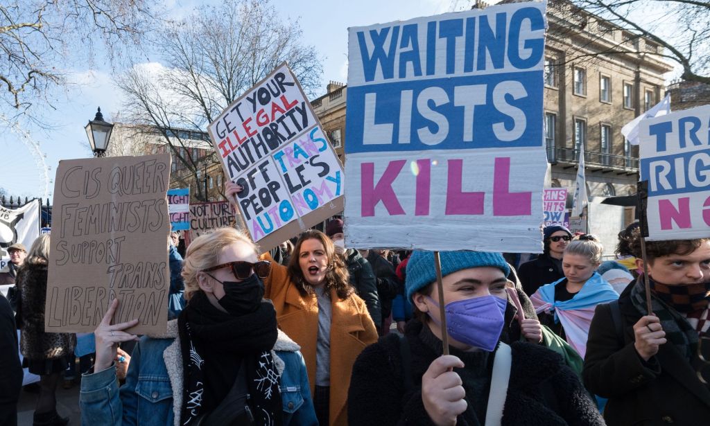 Trans people and allies demonstrate outside Downing Street against the UK government's decision to block the Gender Recognition Reform (Scotland) bill