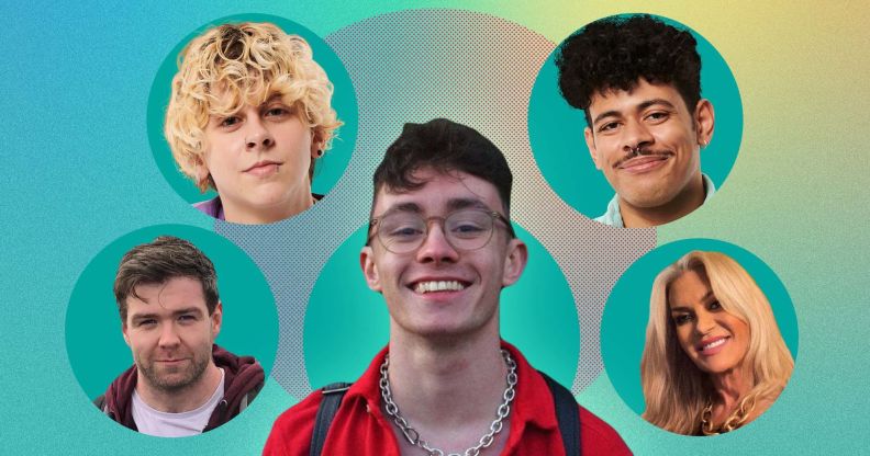 Five people are pictured for HIV Testing Week. In the centre is Dean O'Reilly wearing thick-rimmed glasses and a red shirt with a chain around his neck. On the left is Noah Finnce and Tomás Heneghan and on the right is Corry Will and Rebecca Tallon de Havilland.