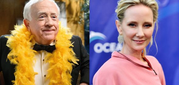 Leslie Jordan wearing a black suit, black bow tie and yelloe feather boa. Anne Heche wearing a pink shirt an dstanding against a blue background.