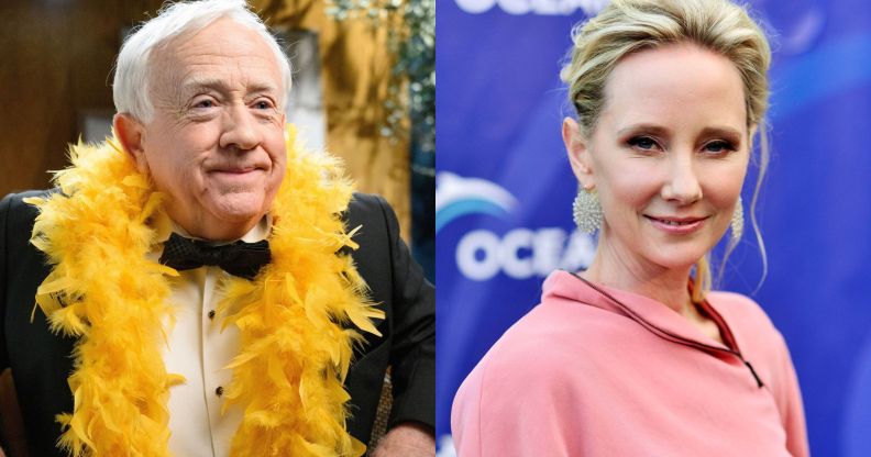 Leslie Jordan wearing a black suit, black bow tie and yelloe feather boa. Anne Heche wearing a pink shirt an dstanding against a blue background.