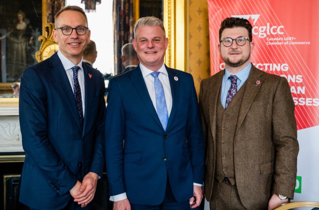 From left to right: Darrell Schuurman, CEO and co-founder of CGLCC, Minister for Equalities, Stuart Andrew, Matt Dabrowski, CEO OutBritain.