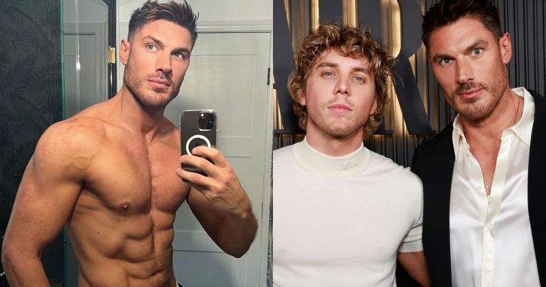 Celebrity hairstylist takes a shirtless picture in the mirror (left) and pictured with partner Lukas Gage, star of The White Lotus and You (right)