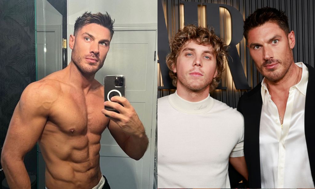 Celebrity hairstylist takes a shirtless picture in the mirror (left) and pictured with partner Lukas Gage, star of The White Lotus and You (right)