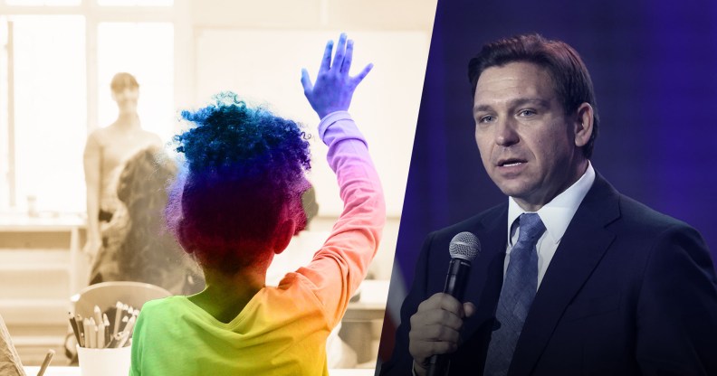 Collage of DeSantis and a child raising their hands bathed in rainbow light