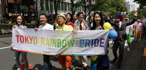 Participants attend the rainbow pride parade on 8 May 2016 in Tokyo, Japan
